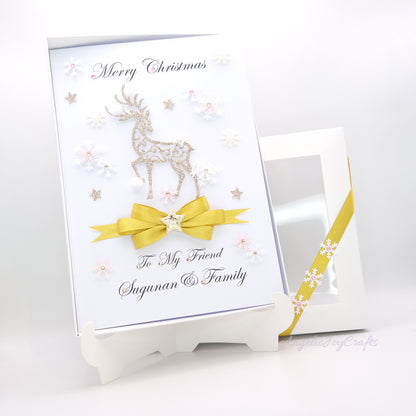 Handmade Personalised 3D Christmas Card with Golden Buck & Bow + Complimentary Gift Box | Christmas | Noel | New Year