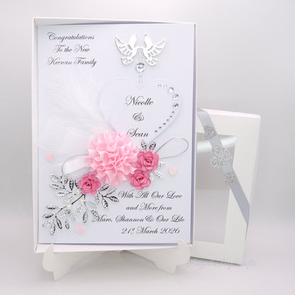 Handmade Personalised 3D Wedding Card with Doves, Bow & Flowers + Complimentary Gift Box | Anniversary | Wedding | Engagement