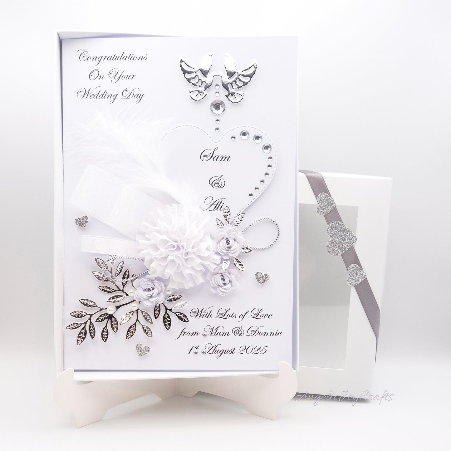 Handmade Personalised 3D Wedding Card with Doves, Bow & Flowers + Complimentary Gift Box | Anniversary | Wedding | Engagement