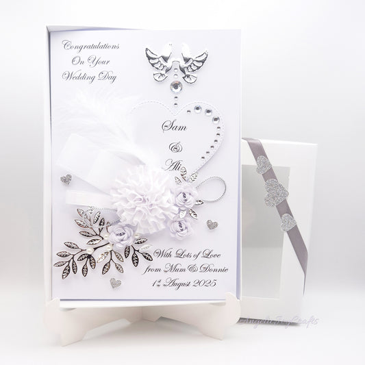 Handmade Personalised 3D Wedding Card with Doves, Bow & Flowers + Complimentary Gift Box | Anniversary | Wedding | Engagement