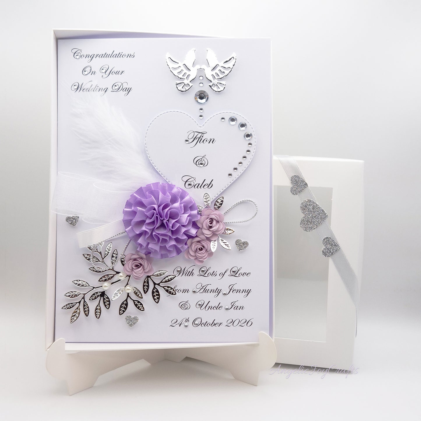 Handmade Personalised 3D Wedding Card with Doves, Bow & Flowers + Complimentary Gift Box | Anniversary | Wedding | Engagement