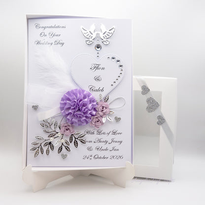 Handmade Personalised 3D Wedding Card with Doves, Bow & Flowers + Complimentary Gift Box | Anniversary | Wedding | Engagement