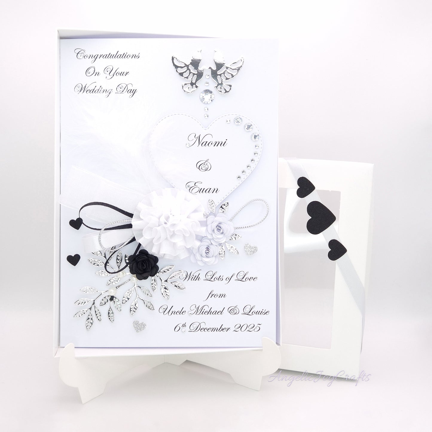 Handmade Personalised 3D Wedding Card with Doves, Bow & Flowers + Complimentary Gift Box | Anniversary | Wedding | Engagement