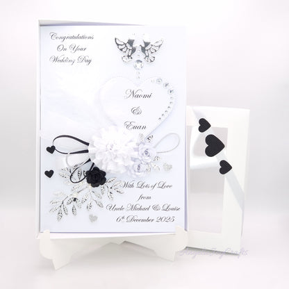Handmade Personalised 3D Wedding Card with Doves, Bow & Flowers + Complimentary Gift Box | Anniversary | Wedding | Engagement