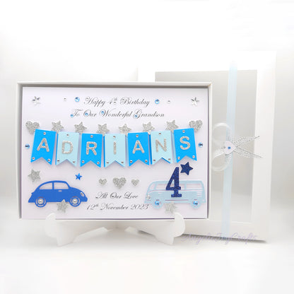 Handmade Personalised 3D Child Birthday Card with Cars + Complimentary Gift Box | Baby Shower | Child Birthday | Baby Born | Birthday