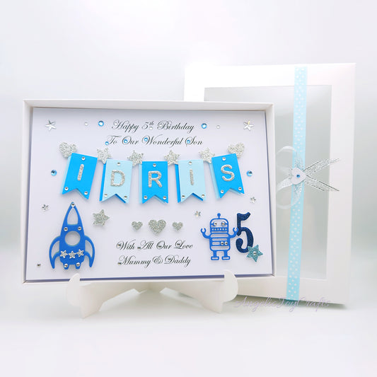 Handmade Personalised 3D Child Birthday Card with Robot & Rocket + Complimentary Gift Box | Baby Shower | Child Birthday | Baby Born | Birthday