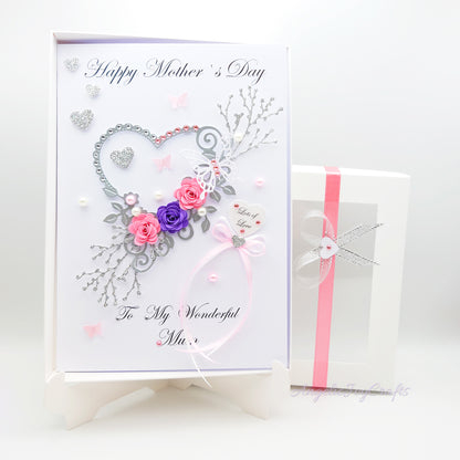Handmade Personalised 3D Mother's Day Card with Hearts & Flowers + Complimentary Gift Box | Birthday | Mother's Day