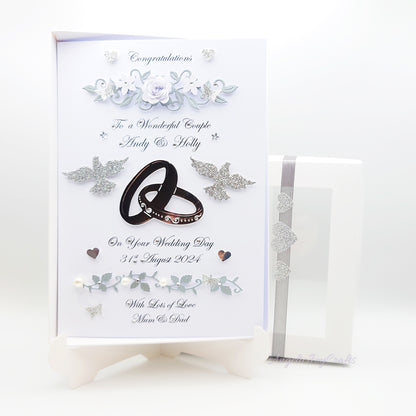 Handmade Personalised 3D Wedding Card with Floral Branches, Rings & Doves + Complimentary Gift Box | Anniversary | Wedding | Engagement