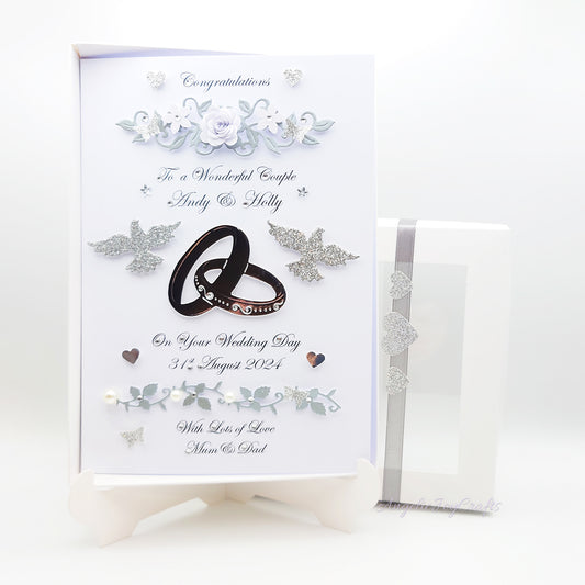 Handmade Personalised 3D Wedding Card with Floral Branches, Rings & Doves + Complimentary Gift Box | Anniversary | Wedding | Engagement
