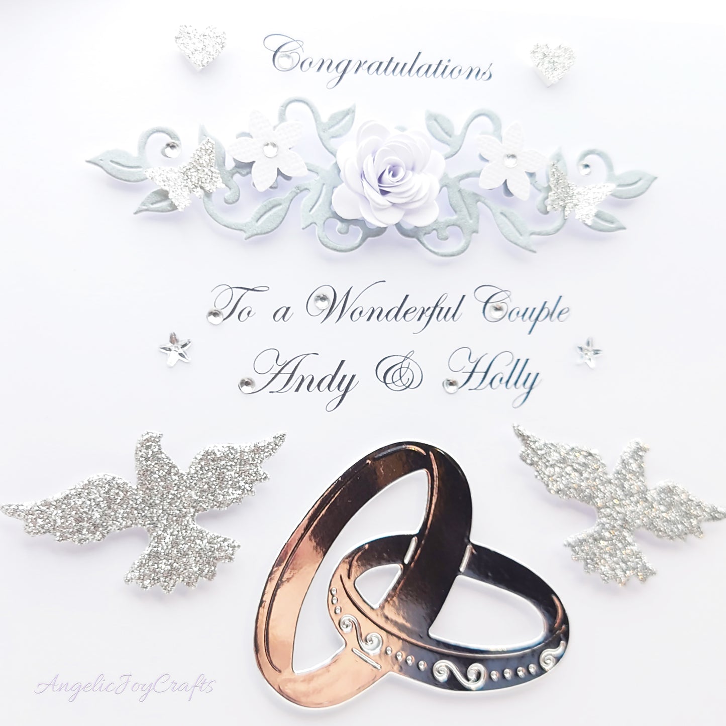 Handmade Personalised 3D Wedding Card with Floral Branches, Rings & Doves + Complimentary Gift Box | Anniversary | Wedding | Engagement