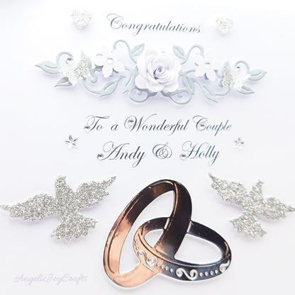 Handmade Personalised 3D Wedding Card with Floral Branches, Rings & Doves + Complimentary Gift Box | Anniversary | Wedding | Engagement