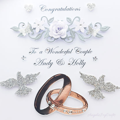 Handmade Personalised 3D Wedding Card with Floral Branches, Rings & Doves + Complimentary Gift Box | Anniversary | Wedding | Engagement