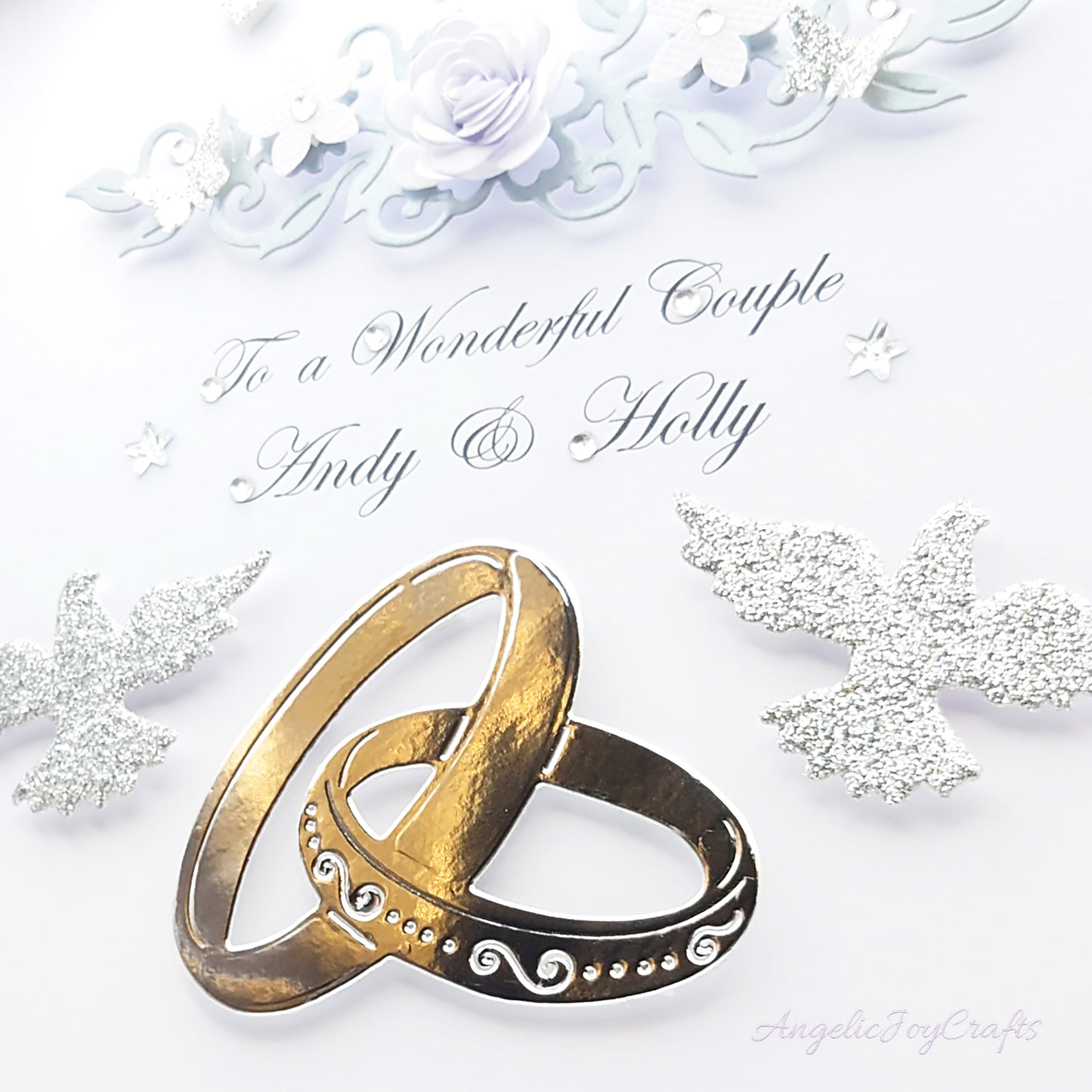 Handmade Personalised 3D Wedding Card with Floral Branches, Rings & Doves + Complimentary Gift Box | Anniversary | Wedding | Engagement