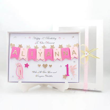 Handmade Personalised 3D Child Birthday Card with Penguin & Fairy + Complimentary Gift Box | Baby Shower | Child Birthday | Baby Born | Birthday