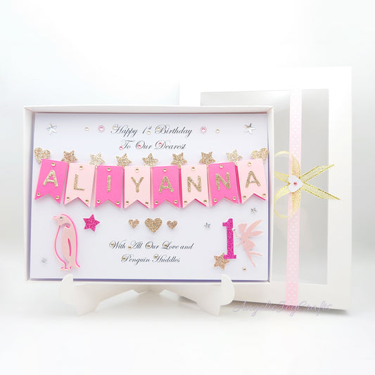 Handmade Personalised 3D Child Birthday Card with Penguin & Fairy + Complimentary Gift Box | Baby Shower | Child Birthday | Baby Born | Birthday