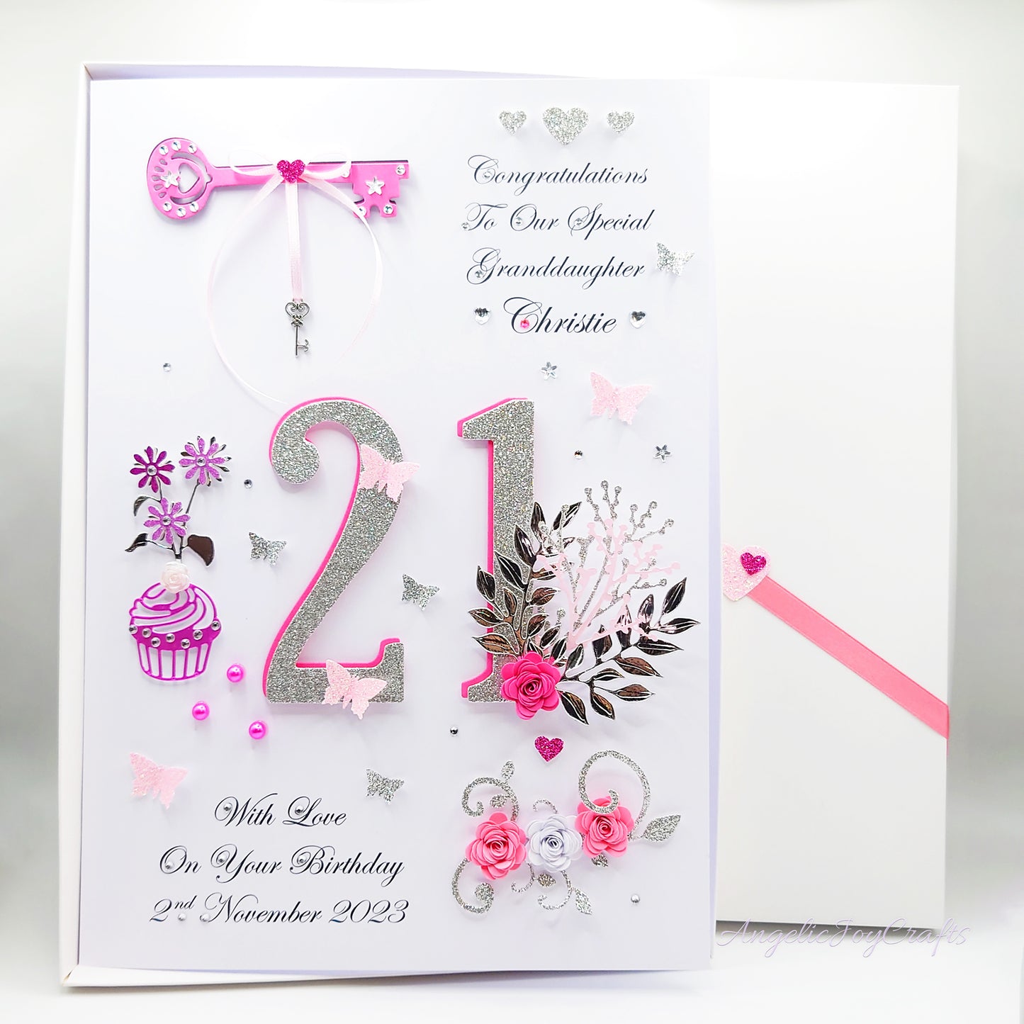 Large A4 Handmade Personalised 3D Birthday Card with Flowers & Key Charm + Complimentary Gift Box | Birthday | Mother's Day