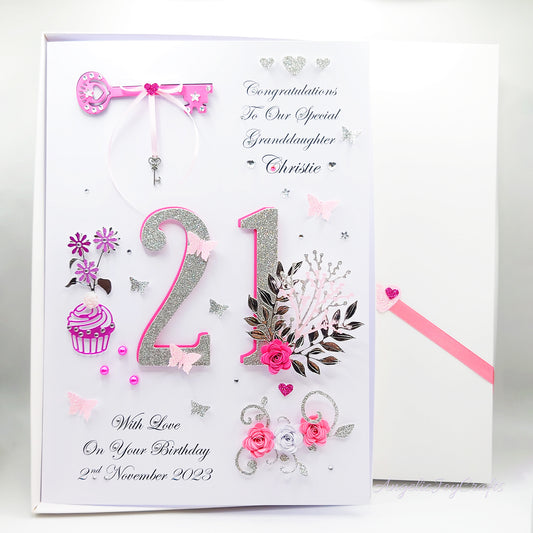 Large A4 Handmade Personalised 3D Birthday Card with Flowers & Key Charm + Complimentary Gift Box | Birthday | Mother's Day