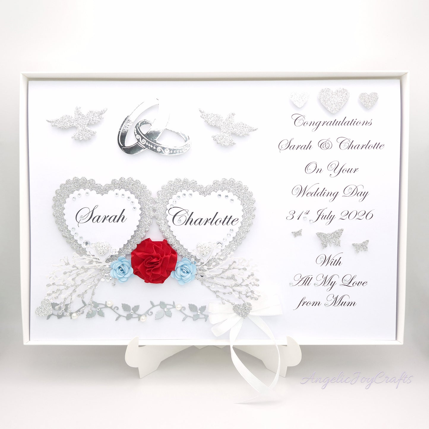 Large A4 Handmade Personalised 3D Wedding Card with Hearts & Rings + Complimentary Gift Box | Anniversary | Wedding | Engagement