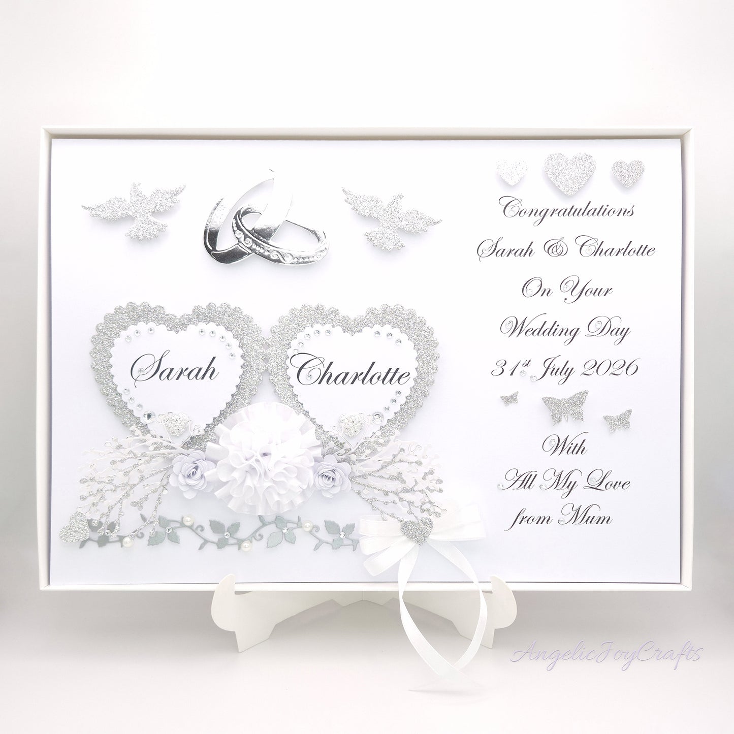 Large A4 Handmade Personalised 3D Wedding Card with Hearts & Rings + Complimentary Gift Box | Anniversary | Wedding | Engagement