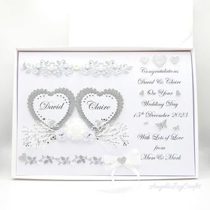 Large A4 Handmade Personalised 3D Wedding Card with Hearts & Floral Branches + Complimentary Gift Box | Anniversary | Wedding | Engagement