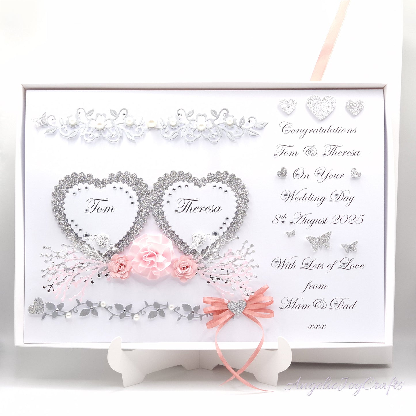 Large A4 Handmade Personalised 3D Wedding Card with Hearts & Floral Branches + Complimentary Gift Box | Anniversary | Wedding | Engagement