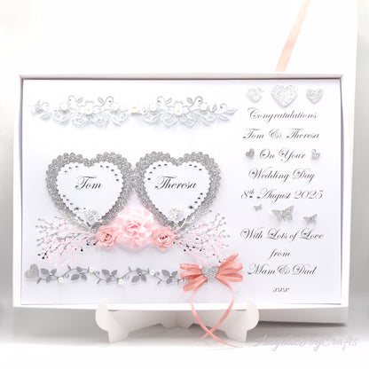 Large A4 Handmade Personalised 3D Wedding Card with Hearts & Floral Branches + Complimentary Gift Box | Anniversary | Wedding | Engagement