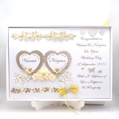 Large A4 Handmade Personalised 3D Wedding Card with Hearts & Floral Branches + Complimentary Gift Box | Anniversary | Wedding | Engagement