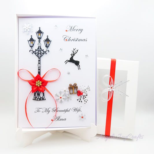 Handmade Personalised 3D Christmas Card with Lamppost & Wooden Gift + Complimentary Gift Box | Christmas | Noel | New Year
