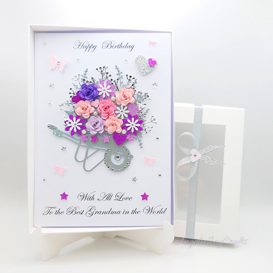Handmade Personalised 3D Birthday Card with Wheelbarrow of Flowers + Complimentary Gift Box | Birthday | Mother's Day