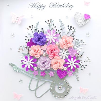 Handmade Personalised 3D Birthday Card with Wheelbarrow of Flowers + Complimentary Gift Box | Birthday | Mother's Day