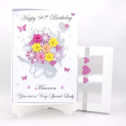 Handmade Personalised 3D Birthday Card with Wheelbarrow of Flowers + Complimentary Gift Box | Birthday | Mother's Day