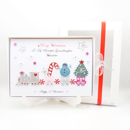 Handmade Personalised 3D Child Christmas Card with a Train, Candy Cane & Snowman + Complimentary Gift Box | Christmas | Noel | New Year