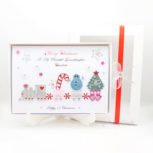 Handmade Personalised 3D Child Christmas Card with a Train, Candy Cane & Snowman + Complimentary Gift Box | Christmas | Noel | New Year