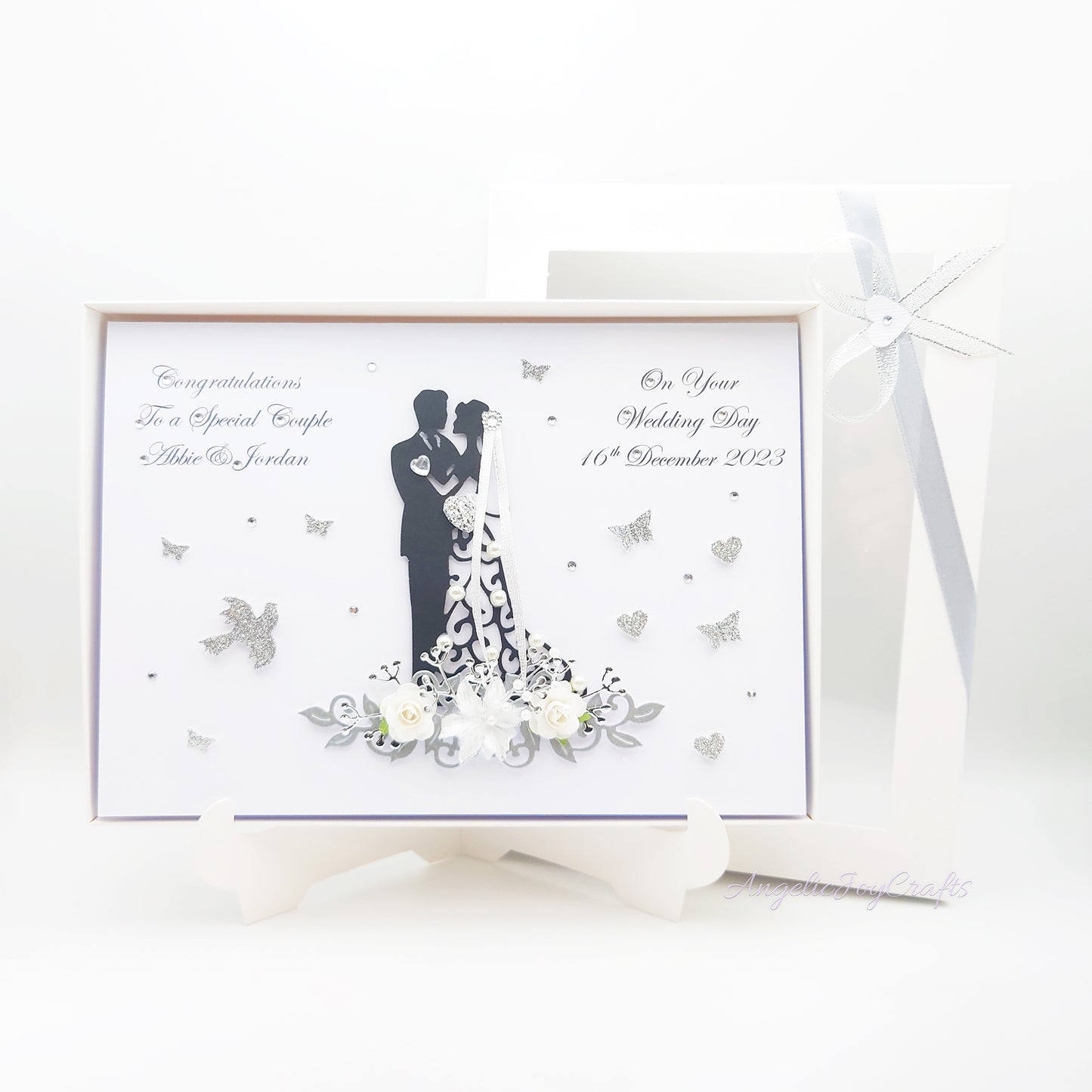 Handmade Personalised 3D Wedding Card with Couple on Floral Pedestal + Complimentary Gift Box | Anniversary | Wedding | Engagement