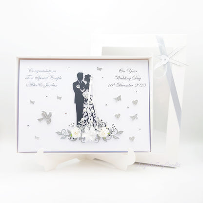 Handmade Personalised 3D Wedding Card with Couple on Floral Pedestal + Complimentary Gift Box | Anniversary | Wedding | Engagement
