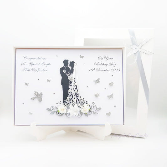 Handmade Personalised 3D Wedding Card with Couple on Floral Pedestal + Complimentary Gift Box | Anniversary | Wedding | Engagement