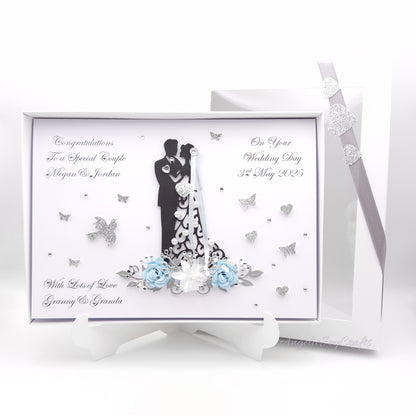 Handmade Personalised 3D Wedding Card with Couple on Floral Pedestal + Complimentary Gift Box | Anniversary | Wedding | Engagement