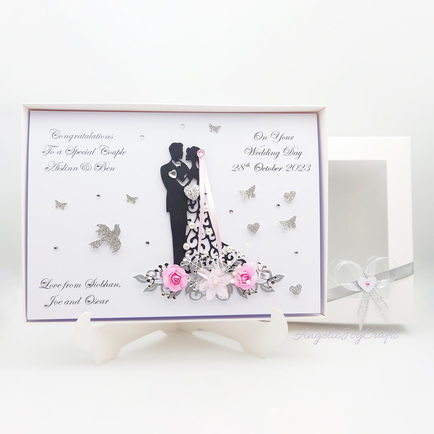 Handmade Personalised 3D Wedding Card with Couple on Floral Pedestal + Complimentary Gift Box | Anniversary | Wedding | Engagement