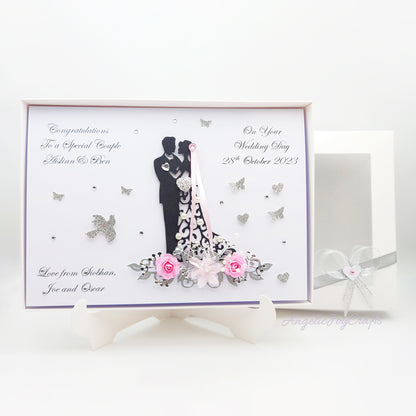 Handmade Personalised 3D Wedding Card with Couple on Floral Pedestal + Complimentary Gift Box | Anniversary | Wedding | Engagement