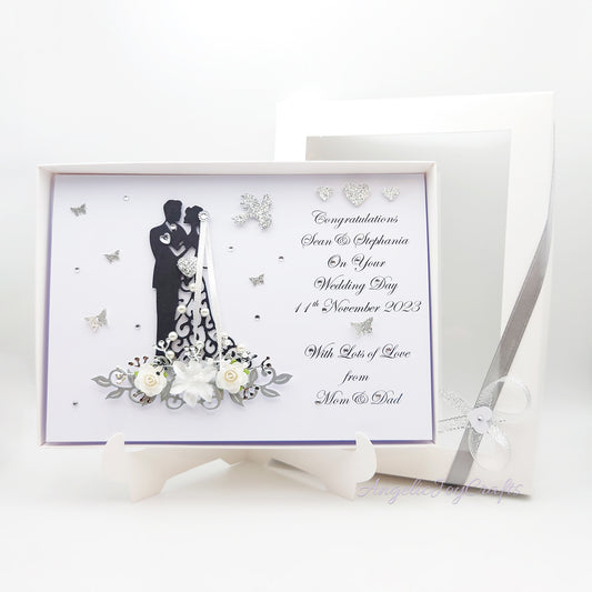 Handmade Personalised 3D Wedding Card with Couple on Floral Pedestal + Complimentary Gift Box | Anniversary | Wedding | Engagement