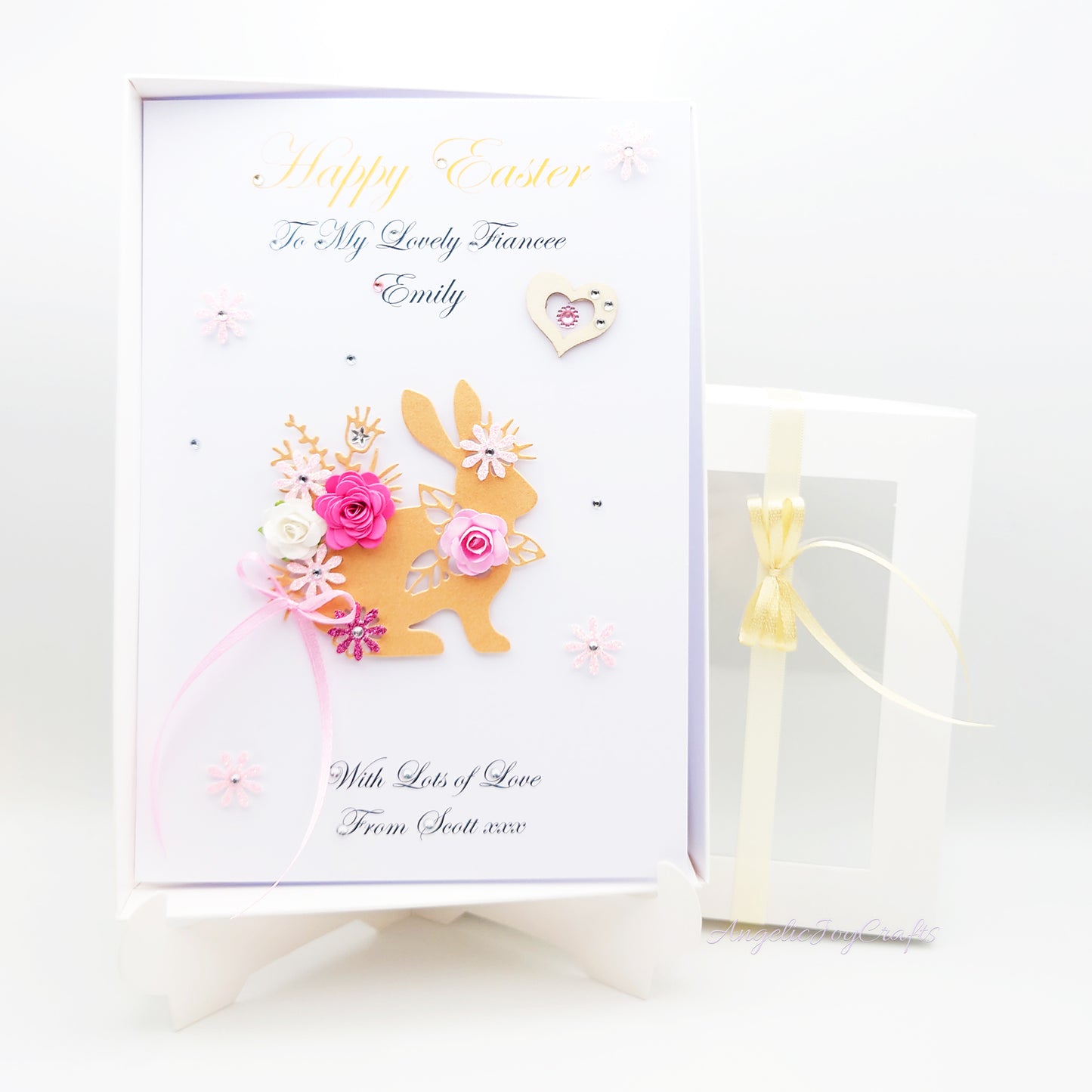 Handmade Personalised 3D Easter Card with Rabbit, Flowers & Wooden Heart + Complimentary Gift Box | Easter