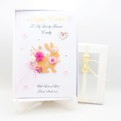 Handmade Personalised 3D Easter Card with Rabbit, Flowers & Wooden Heart + Complimentary Gift Box | Easter