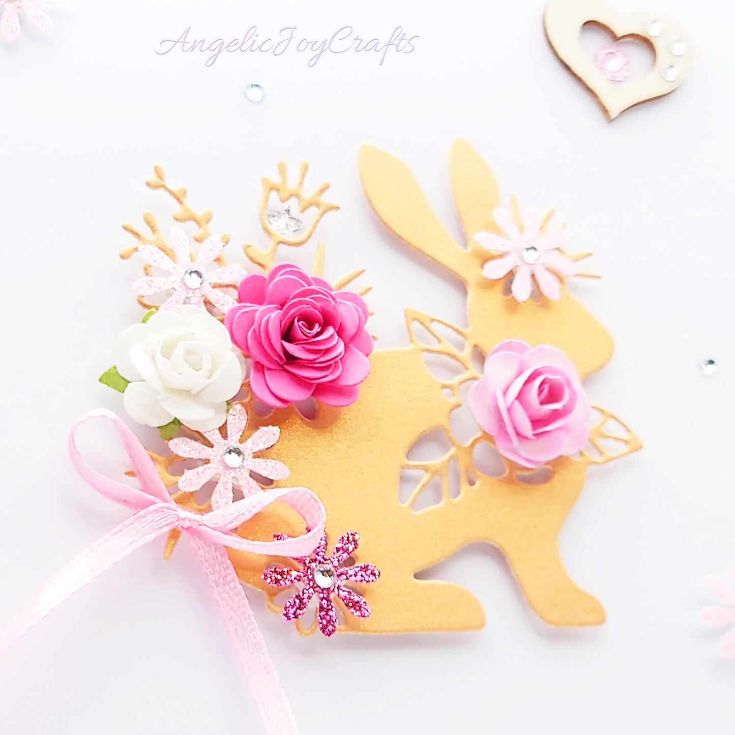 Handmade Personalised 3D Easter Card with Rabbit, Flowers & Wooden Heart + Complimentary Gift Box | Easter