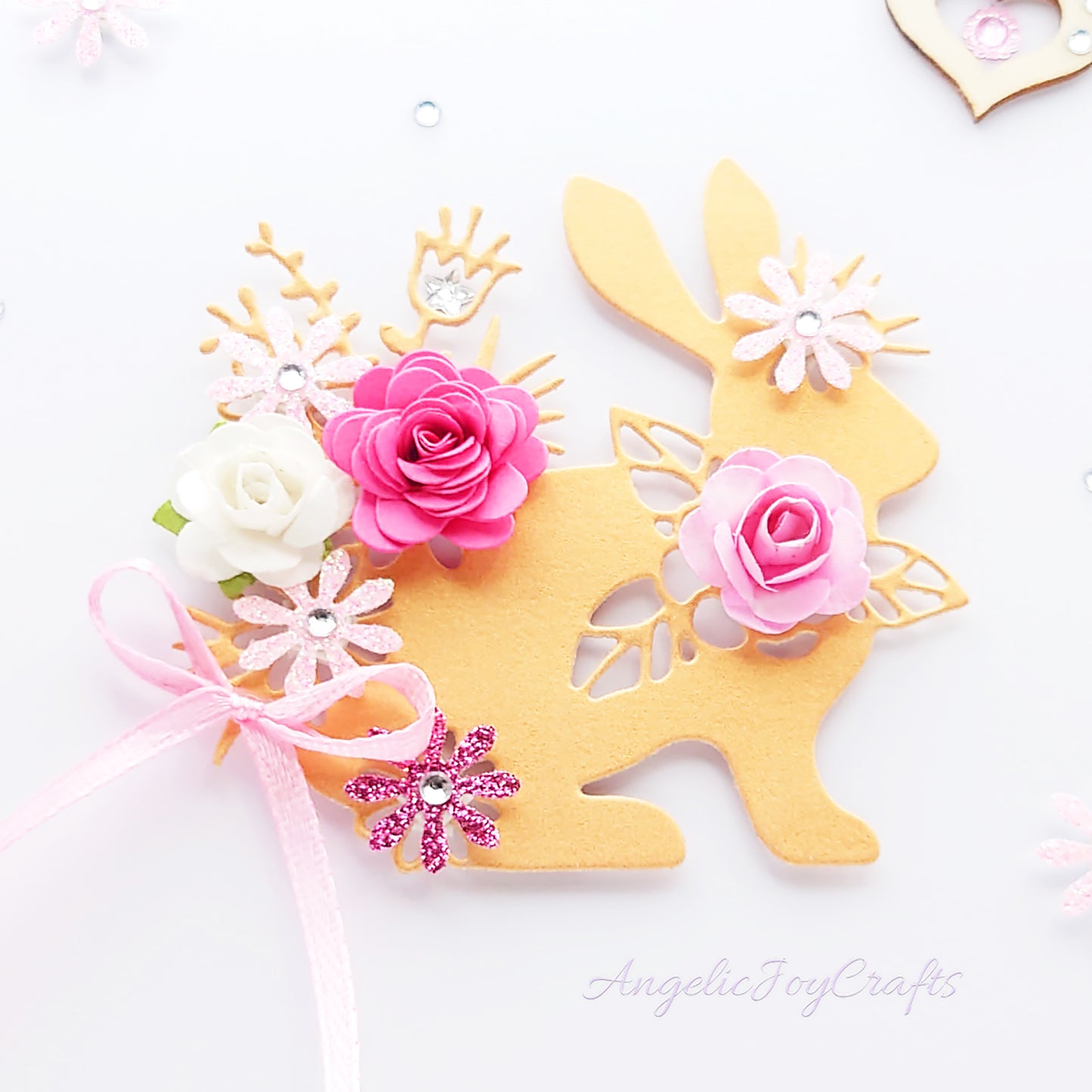 Handmade Personalised 3D Easter Card with Rabbit, Flowers & Wooden Heart + Complimentary Gift Box | Easter