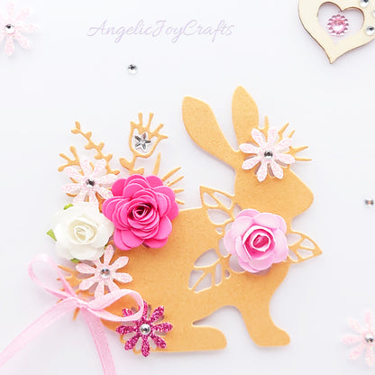 Handmade Personalised 3D Easter Card with Rabbit, Flowers & Wooden Heart + Complimentary Gift Box | Easter