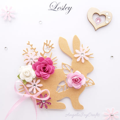 Handmade Personalised 3D Easter Card with Rabbit, Flowers & Wooden Heart + Complimentary Gift Box | Easter