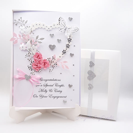 Handmade Personalised 3D Engagement Card with Floral Heart, Bow & Butterfly + Complimentary Gift Box | Anniversary | Wedding | Engagement