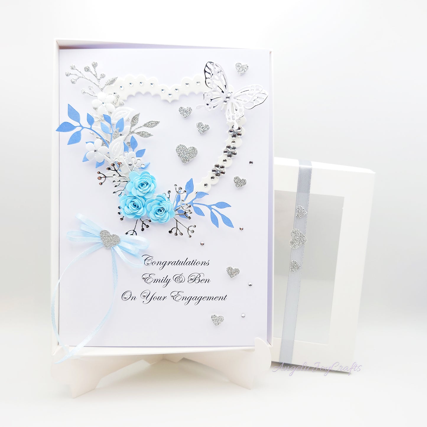 Handmade Personalised 3D Engagement Card with Floral Heart, Bow & Butterfly + Complimentary Gift Box | Anniversary | Wedding | Engagement