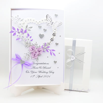 Handmade Personalised 3D Engagement Card with Floral Heart, Bow & Butterfly + Complimentary Gift Box | Anniversary | Wedding | Engagement