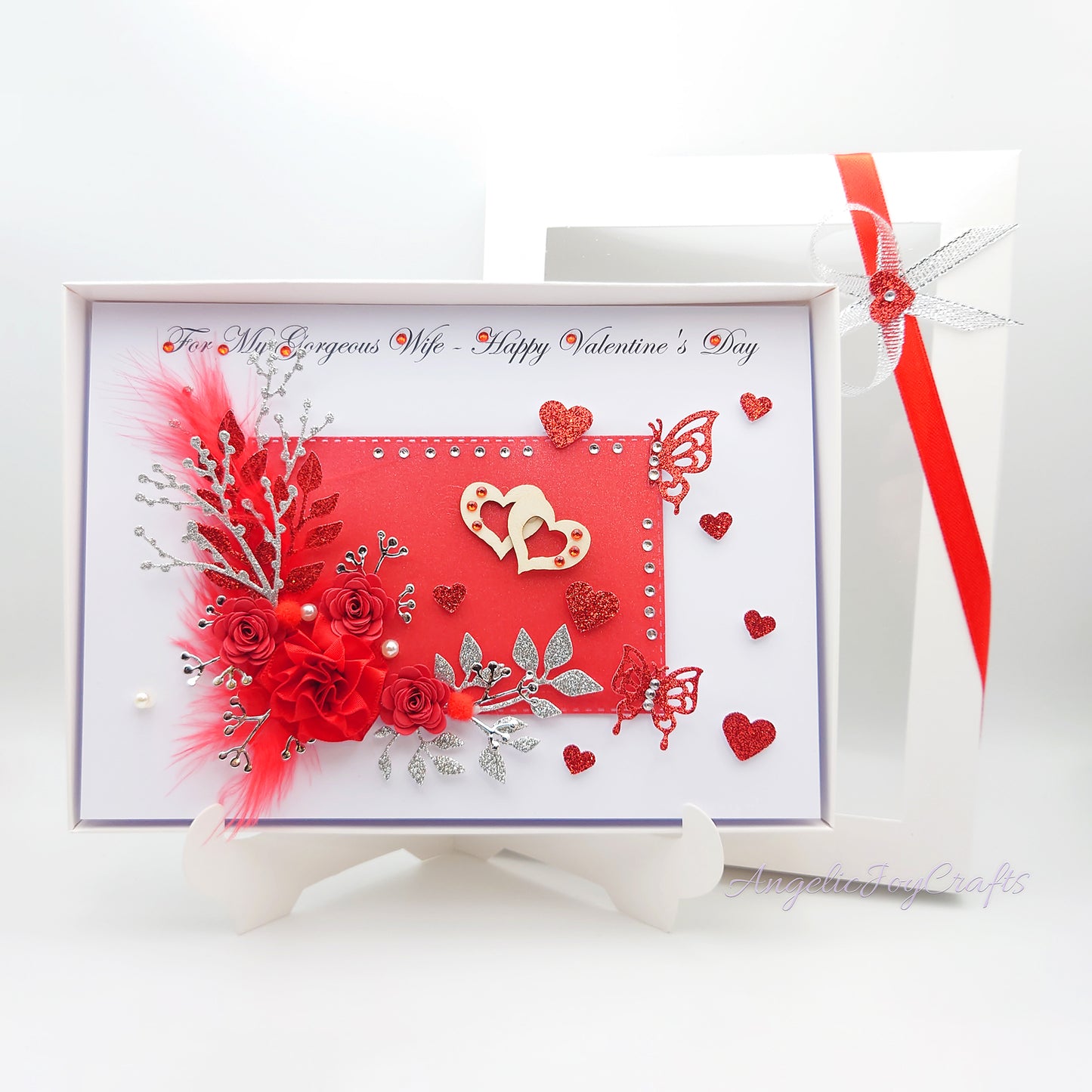 Handmade Personalised 3D Valentine's Day Card with Flowers & Wooden Hearts + Complimentary Gift Box | Birthday | Mother's Day | Valentine's Day